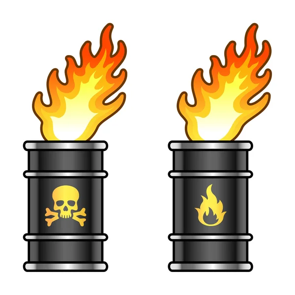 Металлические нефтяные бочки в огне с опасными признаками — стоковый вектор