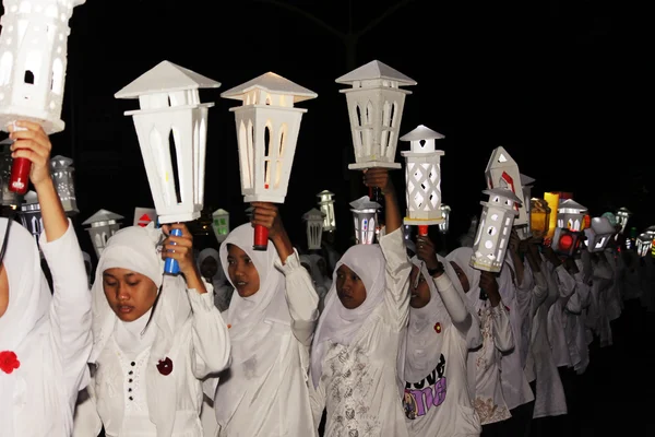 Gedenkmarsch eid 1 syawal 1435 h nganjuk city, east java, ind — Stockfoto