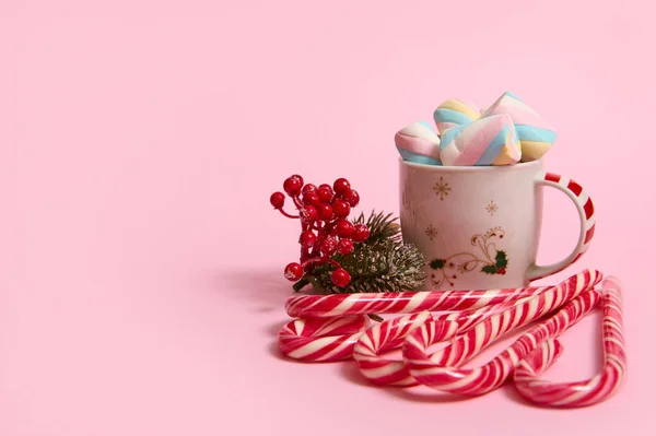 Belle Composition Minimaliste Noël Avec Boisson Chocolat Chaud Décorée Guimauves — Photo