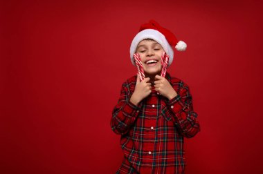 Güzel, sevimli küçük çocuk, Noel Baba şapkalı ve kareli tişörtlü sevimli çocuk nazikçe sarılıyor Noel lolipopları tatlı çizgili bastonlar, kırmızı arka planda izole edilmiş, uzay kopyaları.