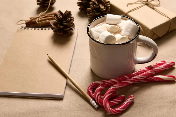 Composição Natal Com Presente Papel Embrulho Artesanal Canela Amarrada Com — Fotografia de Stock