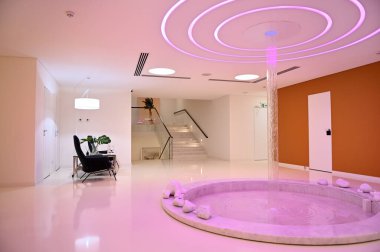 Modern lüks bir kaplıca kliniğinin içini. Spa kliniğinde geniş bir dinlenme yeri var.