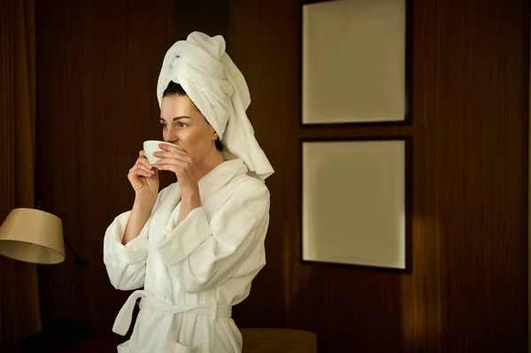 Beautiful Confident Business Young Woman Bathrobe Head Wrapped Towel Enjoying — Stock Photo, Image