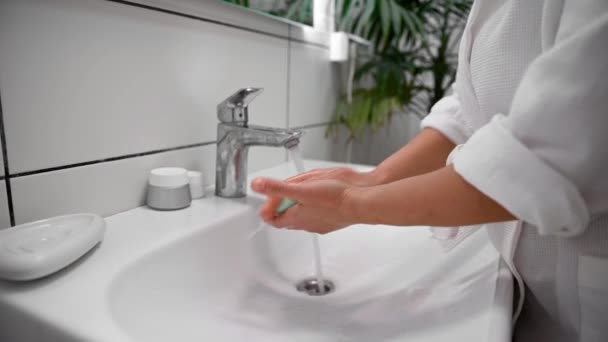 Woman Thoroughly Washing Hands Using Soap Running Water Concept Cleanliness — Vídeo de Stock