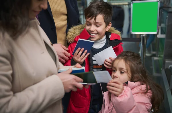 Cheerful Children Enjoying Family Travel Giving Passports Mother While Passing — Stock fotografie