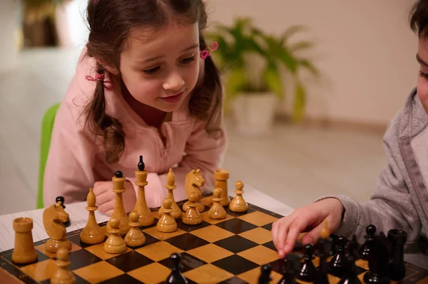 Close Portrait Beautiful Cute Little European Girl Playing Chess Game — Stock Photo, Image