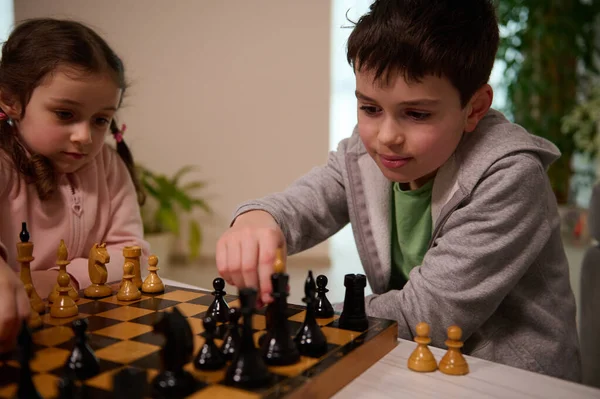 Chess Game Clever Mind Beautiful Smart Kids Playing Chess Together — Stock Photo, Image