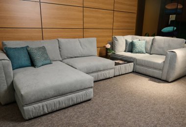 Modern tarz rahat yumuşak döşeme yeşil pastel yastıklı gri kanepe ve bir mobilya mağazasının sergi salonundaki vazoda bir gül olan günlük masası.