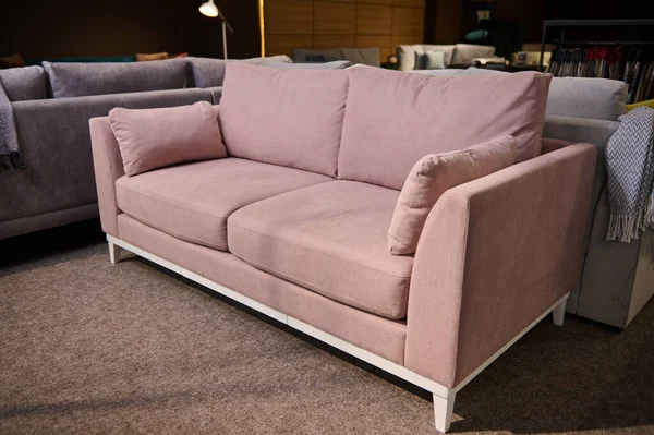 Furniture store with sofas and couches on display for sale, copy space. Furniture store showroom interior. Stylish pink sofa with pillows in the showroom of upholstered furniture.