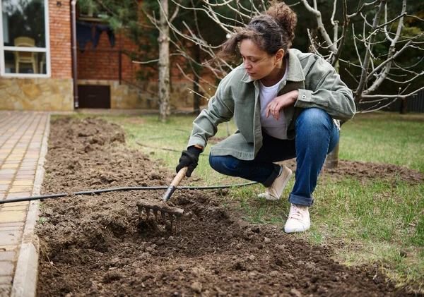 Mujer Jardinero Obras Guante Afloja Suelo Para Siembra Las Plántulas — Foto de Stock