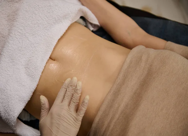 Top View Aesthetician Hands Applying Contact Gel Belly Woman Lying — Zdjęcie stockowe