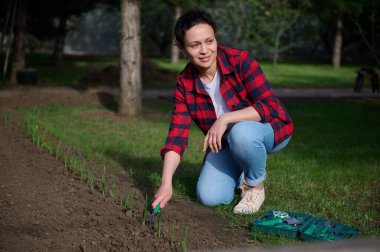 Mutlu, büyüleyici kadın bahçıvan kırsal bir bahçede çalışıyor, bahçıvanlık aletleriyle kara toprağı gevşetiyor ve gülümsüyor. Hobi ve eğlence.