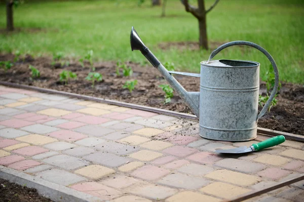 Eski bir metal sulama tenekesinin yatay görüntüsü ve kaldırım taşlarının üzerindeki bahçe küreği çiçek açan ağaçlarla çevrili bir bahçenin zeminine çarpıyor.