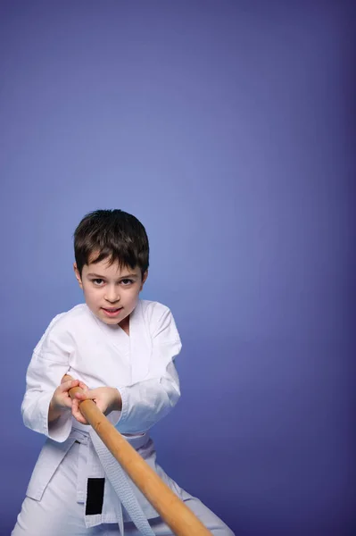 Retrato Cintura Niño Confiado Adolescente Luchador Aikido Kimono Blanco Entrenamiento —  Fotos de Stock