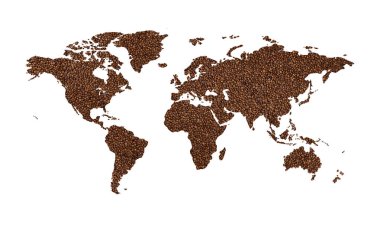 Beyaz arka planda kavrulmuş kahve çekirdeklerinin dünya haritası. Dünya çapında kahve tüketimi. Ticaret ve küreselleşme. Reklam metni için alanı kopyala
