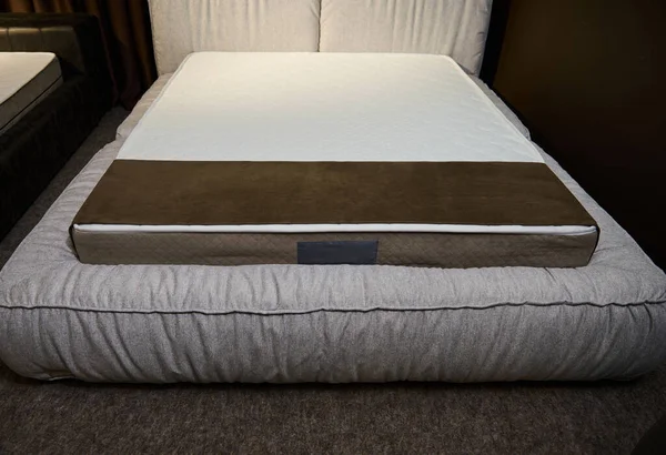 Comfortable Stylish Upholstered Bed Made Beige Upholstery Orthopedic Mattress Displayed — Stock Photo, Image