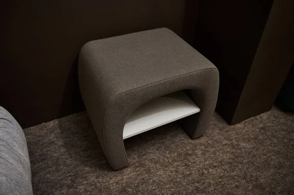 Pet\'s house in the form of upholstered ottoman, Stylish interior design. Furniture store.