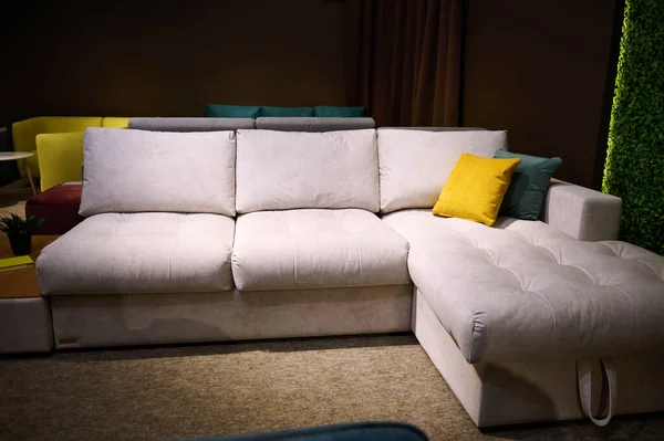 Beautiful comfortable beige sofa with bright cushions displayed for sale in a home design studio and furniture store