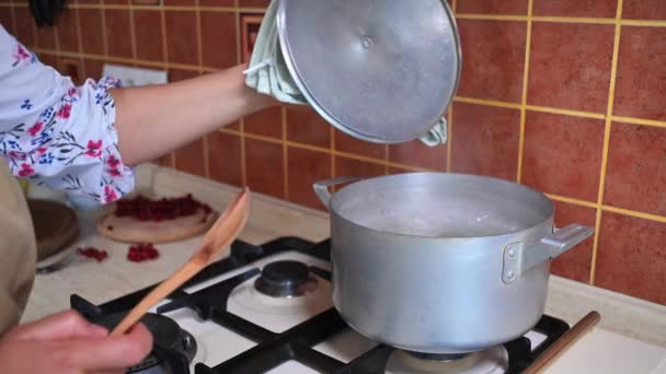 Close Housewife Opens Lid Saucepan Turns Glass Jar Wooden Spoon — 图库视频影像