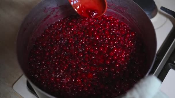Close Video Chef Confectioner Stirring Redcurrant Berry Jam Metal Saucepan — Stock Video