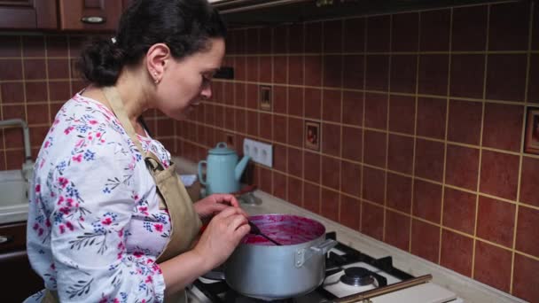 Housewife Charming Woman Stirring Simmering Red Currant Berry Jam Scooping — Vídeo de Stock