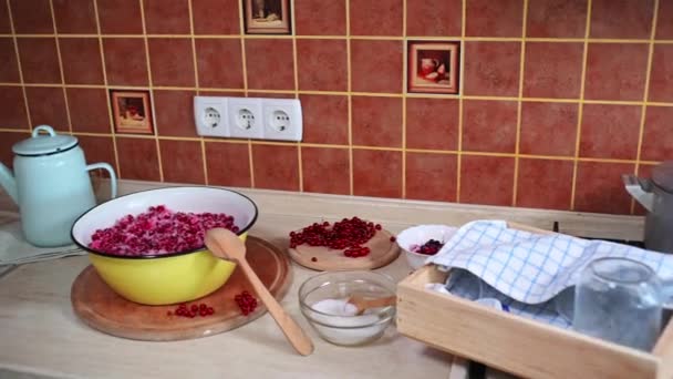 Кухонна Стільниця Металевою Чашею Наповненою Ягодами Червоної Смородини Посипаними Цукром — стокове відео