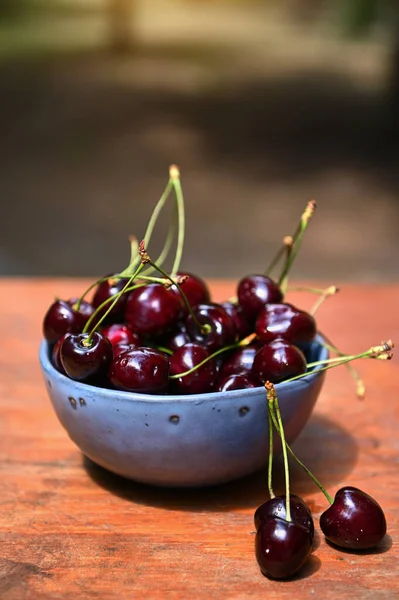 Still Life Composition Pair Fresh Ripe Cherries Rustic Wooden Table — Photo