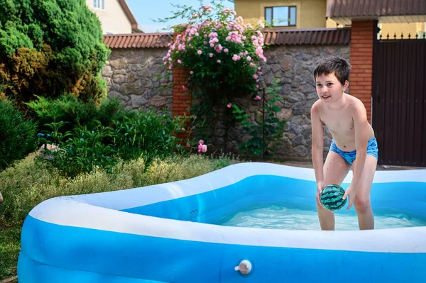 Adorable Caucasian Child Handsome Pleasant School Age Boy Swimming Trunks — Zdjęcie stockowe