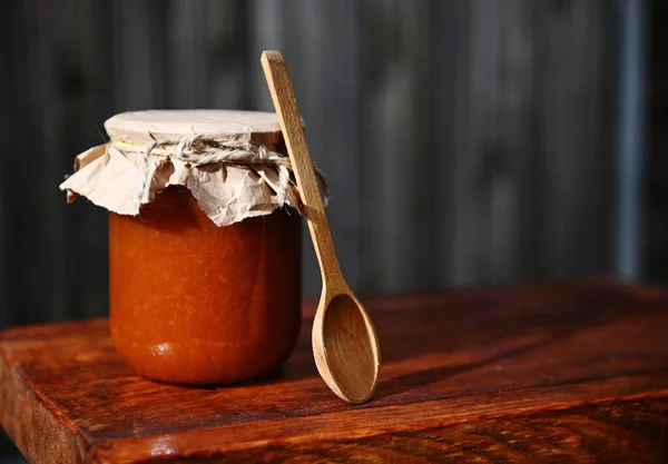 Still Life Glass Jar Apricot Jam Craft Paper Lid Tied — Zdjęcie stockowe