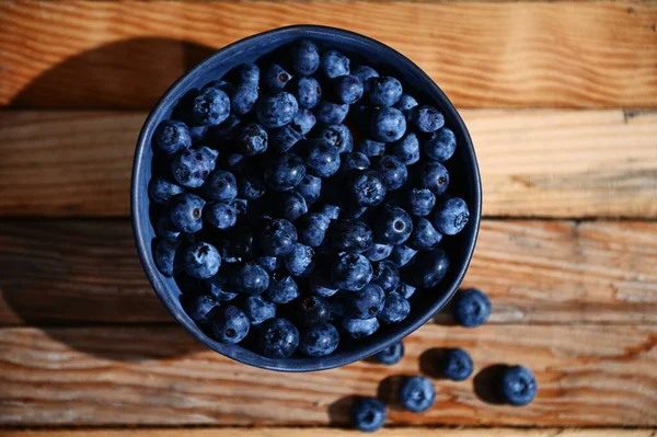 Düz yatıyordu. Ahşap bir arka planda mavi seramik bir kase taze, olgun ve yenmeye hazır yabanmersininin yatay bileşimi. Organik tarım, sağlıklı beslenme. Durgun hayat. Uzayı metin için kopyala. Pankart