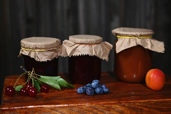 Collection Jars Homemade Jam Confiture Jelly Fresh Ripe Seasonal Fruits — Stockfoto