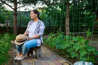 A charming, serene dark-haired woman gardener amateur, restsing after work in the garden, sitting on stools between rows of growing seedlings of tomatoes and cucumbers. Eco farming, gardening concept
