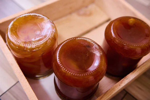 Top View Homemade Apricot Jam Pits Pieces Canned Peaches Glass — Zdjęcie stockowe