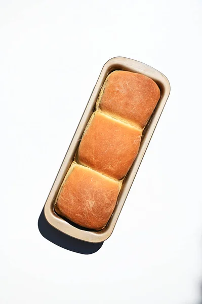 Top View Baking Dish Freshly Baked Hot Whole Grain Bread — Zdjęcie stockowe