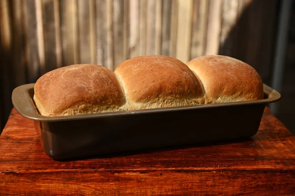 Close Baking Dish Freshly Baked Hot Whole Grain Bread Rustic — Zdjęcie stockowe