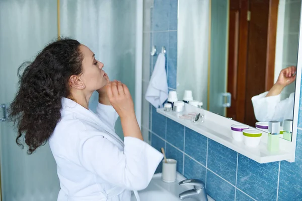 Close Multiethnic Attractive 35S Woman White Bathrobe Standing Bathroom Reflected — 스톡 사진