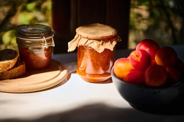 Still Life Composition Glass Jars Delicious Homemade Jam Ripe Red — Fotografia de Stock