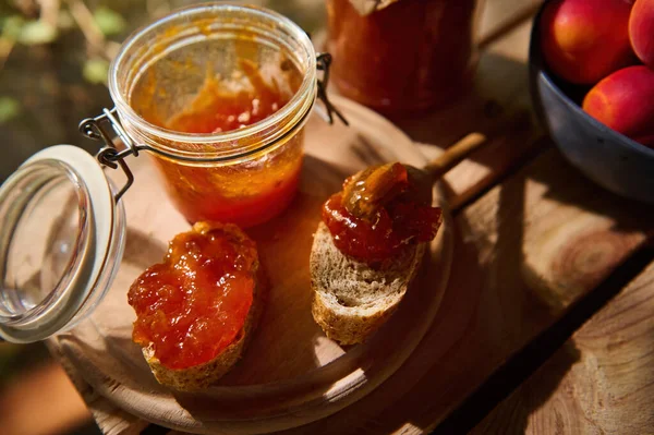 Top View Homemade Jam Slices Whole Grain Bread Wooden Board — Foto Stock