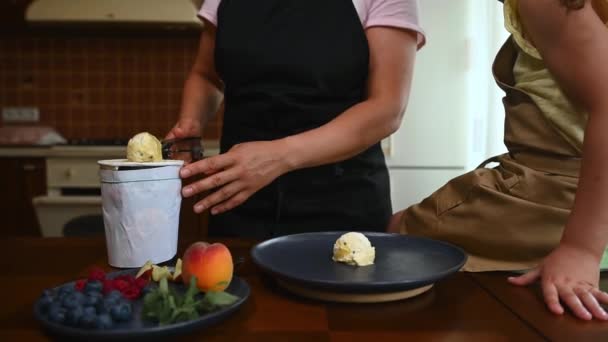 Details Hands Housewife Wearing Black Chef Apron Using Ice Cream — Stockvideo