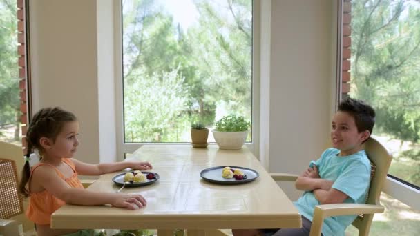 Adorable Kids Boy Girl Sit Table Served Plates Delicious Refreshing — Stockvideo