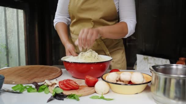 Cropped View Woman Housewife Wearing Beige Chef Apron Preparing Dough — Stockvideo