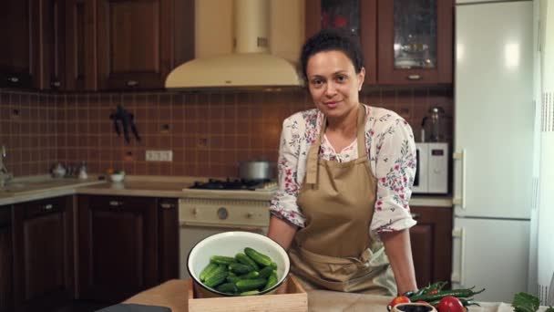 Charming Woman Housewife Wearing Apron Cutely Smiles Looking Camera Standing — Vídeo de Stock