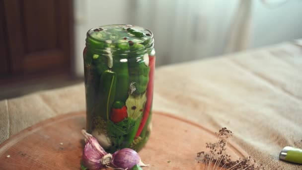 Sterilized Glass Jar Freshly Marinated Red Green Chili Peppers Garlic — Stok video