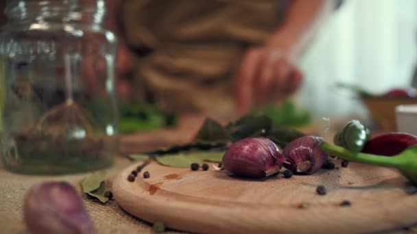 Focus Fresh Garlic Cloves Peppercorns Chili Peppers Wooden Board Blurred — Vídeo de Stock