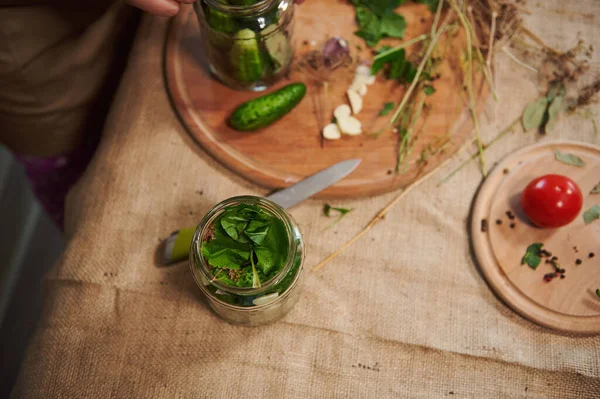 View Glass Jar Canning Stacked Cucumbers Poured Marinade Wooden Board — Zdjęcie stockowe