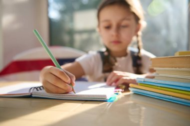 Details: Hand of a blurred schoolgirl, first grader holding a pencil, making notes on copybook while learning the writing at classroom. Textbooks on the desk. Back to school. Education. Erudition