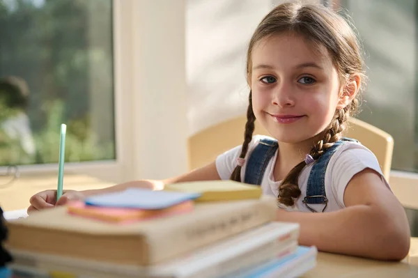 Adorable Caucasian Child Schoolgirl Cute Smiling Looking Camera Sitting Desk — 图库照片