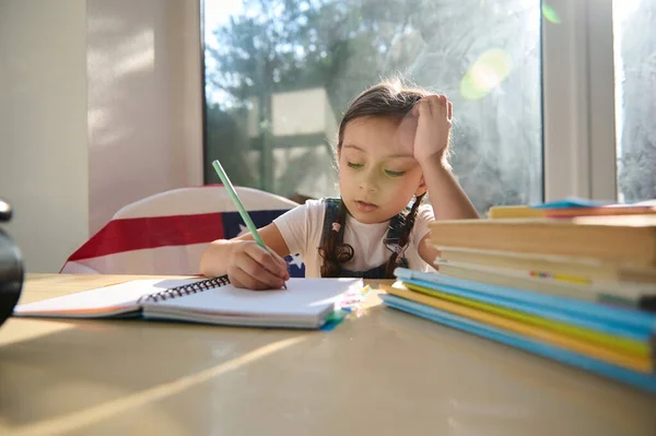 Beautiful Sunbeams Fall Table Classroom While Smart Schoolgirl First Grader — ストック写真