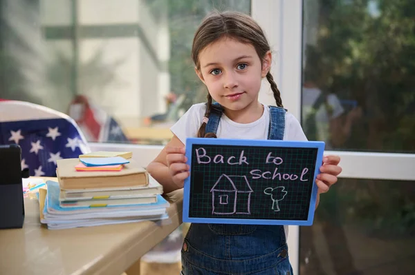 Close Portrait Adorable European Female Kid Schoolgirl Blue Denim Overalls — Stock fotografie