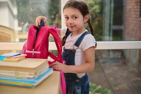 Caucasian Student Primary School Two Pigtails Wearing White Shirt Blue — Stok fotoğraf